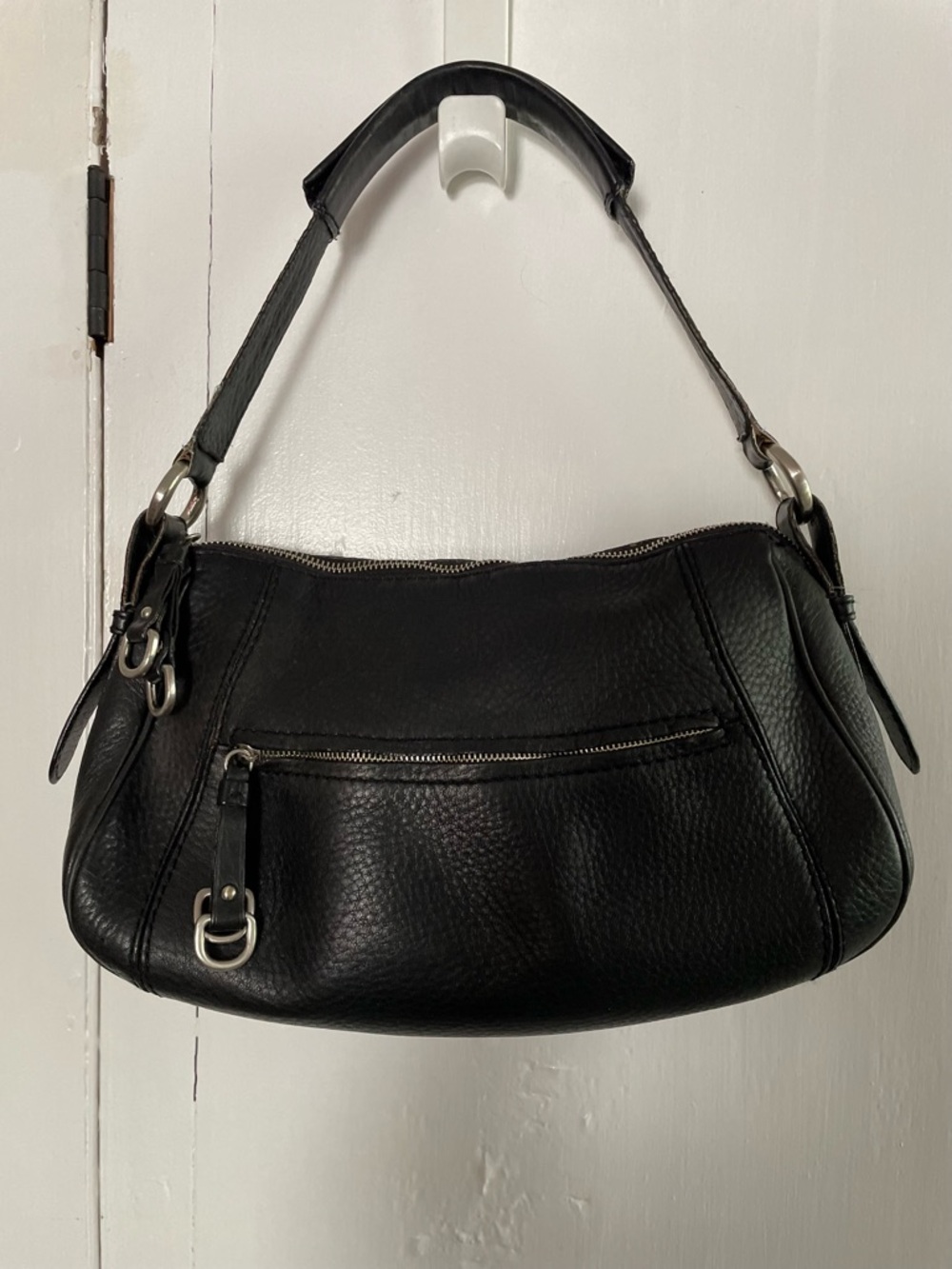 COLE HAAN Classic Black Pebbled Leather Shoulder Bag Silver Hardware
